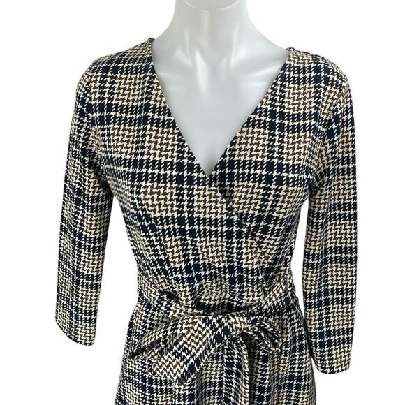 Lands' End Brown Houndstooth Plaid Faux Wrap Belted Mini A-line Dress Size 6-8 - Picture 3 of 4